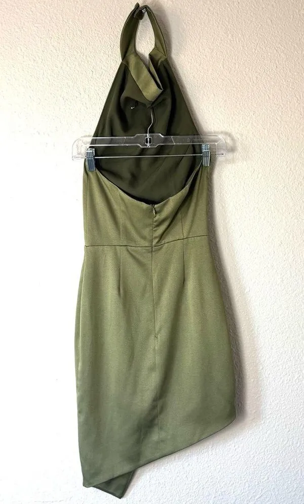Elliatt Camo Green Asymmetric Satin Halter Mini Dress Size XS - Image 4