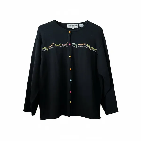 🩷VTG Marisa Christina Woman L Novalty 90s Sweater caterpillar Black Multi Color - Image 2