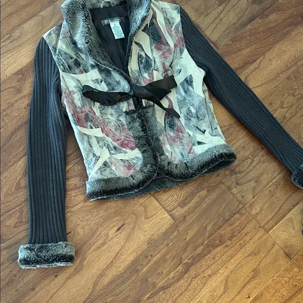 Phosphorus Leather Printed Knit Fur Trim Jacket Size Small - Image 4