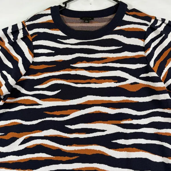 Ann Taylor Navy Cognac Zebra Print Short Sleeve Sweater Dress Large Avante Garde - Image 10