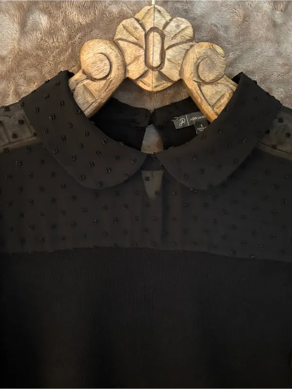 Adrianna Papell Black Peter Pan Collar Lace-Yoke Blouse Women’s Size S - Image 3