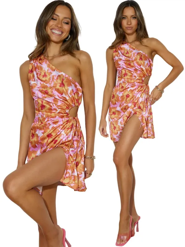 Hello Molly Loving That Girl Mini Dress Women's Small Orange Floral One Shoulder - Image 4