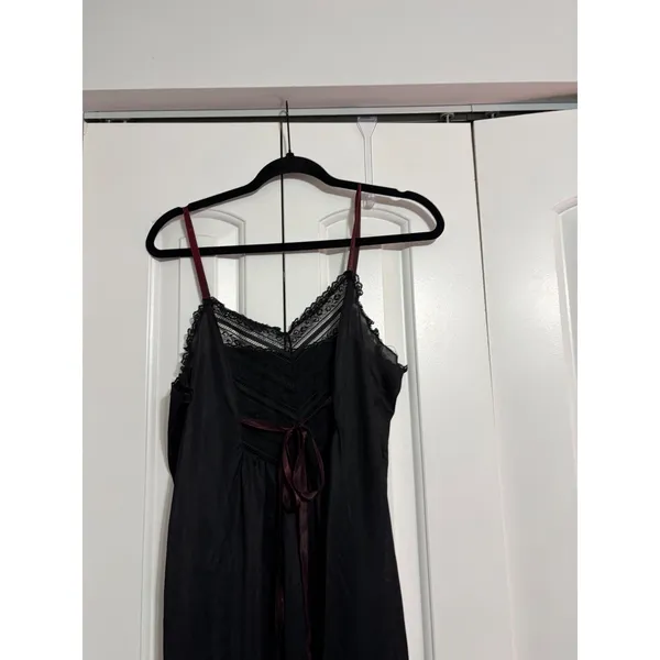 Vintage‎ Nightgown Slip Lace Trim Black Burgundy Ribbon Tie 70s 80s Noir - Image 3
