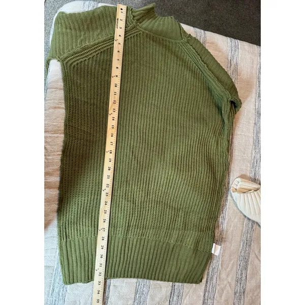 Olive Green Mock Neck Ribbed Knit Sweater Dress Long Sleeve Raglan L - Image 3