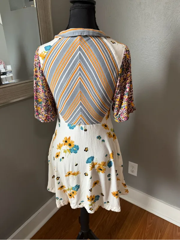 Free People Mix It Up floral striped v neck boho babydoll mini dress 4. - Image 4