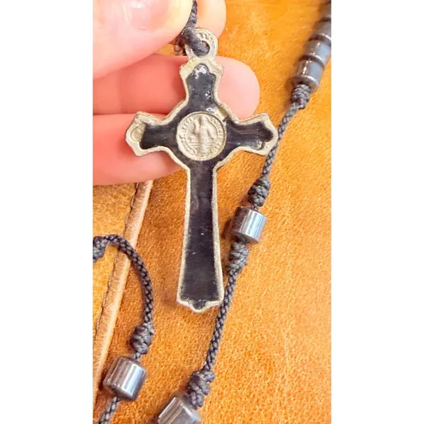 Handmade Black Rosary Necklace With Silver Metal Crucifix Pendant & Beaded Chain - Image 4