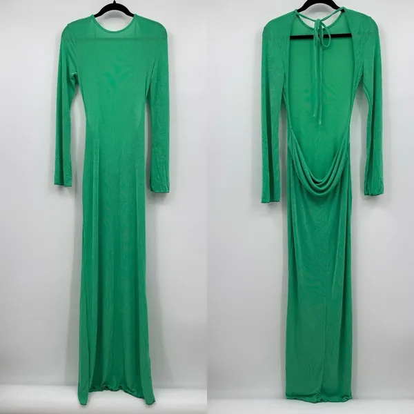 Dramatic Cowl-Neck Draped Back Maxi Dress Medium Green Long Sleeve Formal Sexy - Image 2
