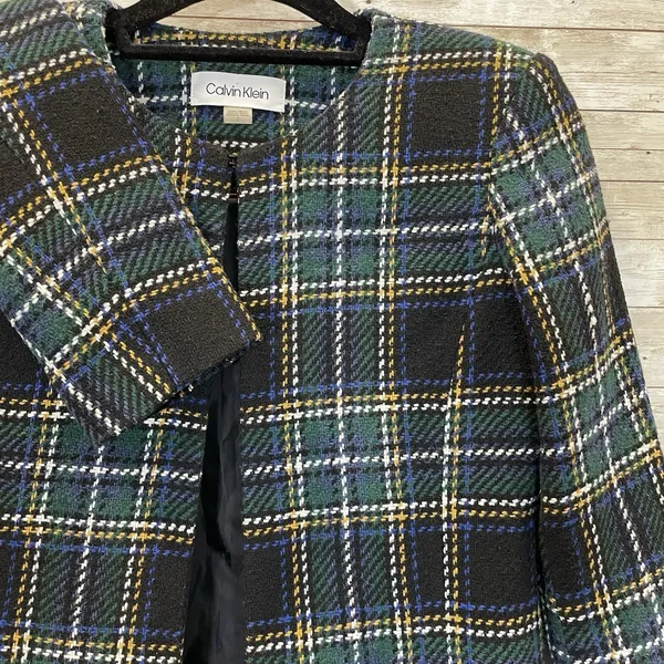 Calvin Klein‎ Womens 2 Jacket Tweed Topper Coat Green Plaid Tartan Open Front - Image 2