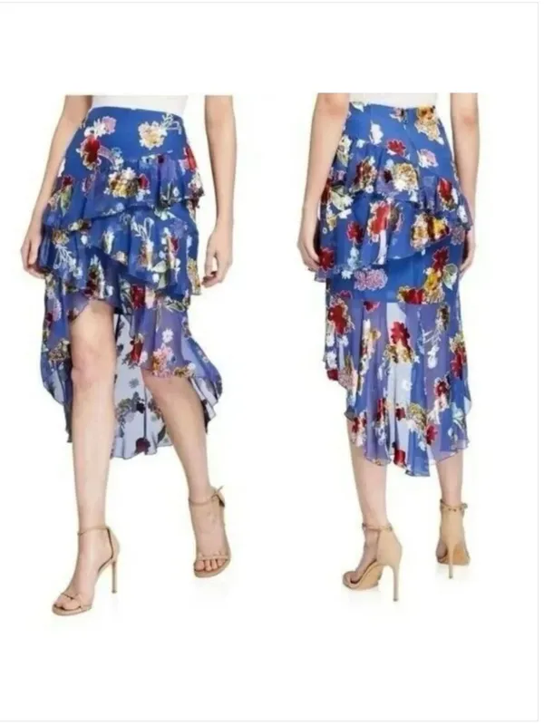 Alice + Olivia Blue Floral Skirt Velvet Burnout Tiered Ruffles Size 0 New NWT - Image 2
