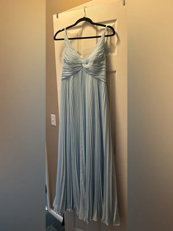 Azazie Sea Glass Raychelle Pleated V-Neck Chiffon Maxi Dress | Size 6 - Image 4