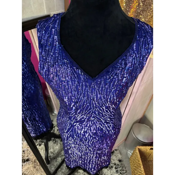 Vintage Blue Sequin‎ Cocktail dress V-Neck Keyhole Back Fringe Hem Sleeveless - Image 2