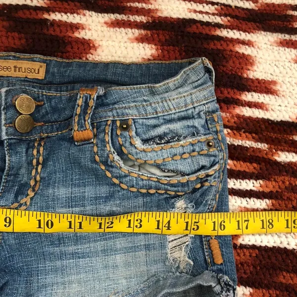 Y2K 2000s Micro Mini Baddie Low Rise Denim Jean Shorts Bedazzled Khaki Brown Stitching Ripped Distressing Cuffed Hem-Size 29 #wings #gothic #whimsygoth #cross #angel cyber punk biker - Image 5