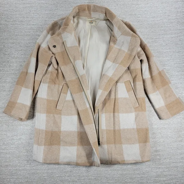 Marine Layer Wool Blend Coat Womens Med Beige Tan Plaid Check Pattern - Image 9
