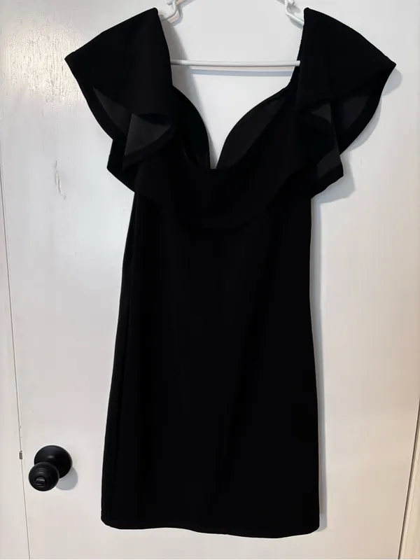 David's Bridal Black One-Shoulder Ruffle Sheath Dress - Image 4