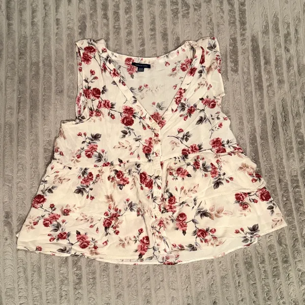 American Eagle Floral Peplum Tank Top Cream Red Button Front Sleeveless Blouse M - Image 2