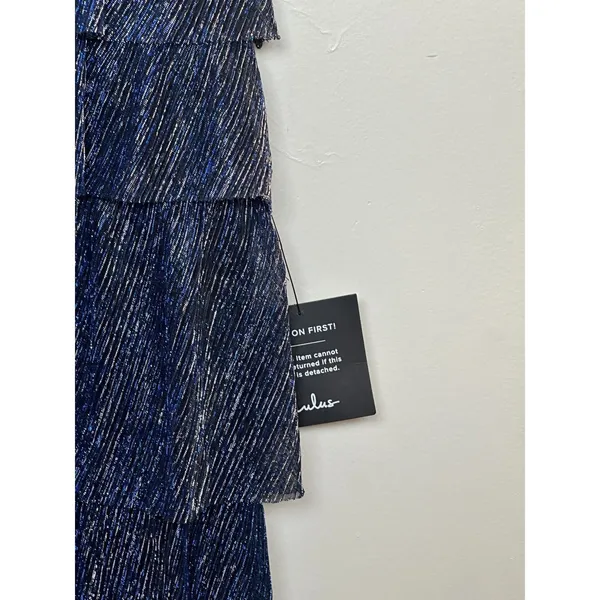 Lulus Tiered Mini Dress Womens Size Medium Blue Silver Metallic Pleated Cocktail - Image 8