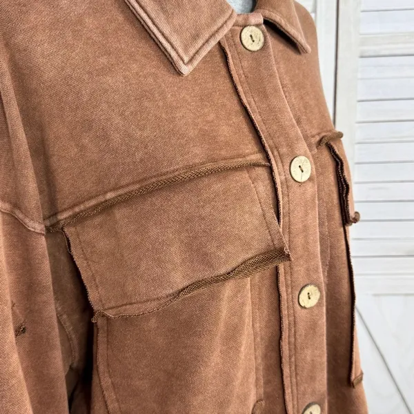 Oddy‎ Shacket Jacket Women Medium Large Brown Distressed Jersey Knit Cropped - Image 6