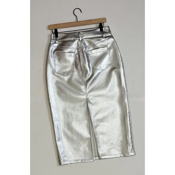 NWT!! AVEC LES FILLES Shimmering Silver Pencil Skirt Metallic Pockets Medium - Image 6