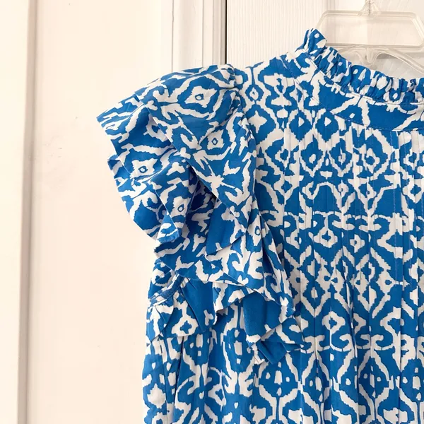 Tuckernuck Hyacinth House Blue White Simmons Ruffle Sleeve High Neck Mini Dress - Image 5
