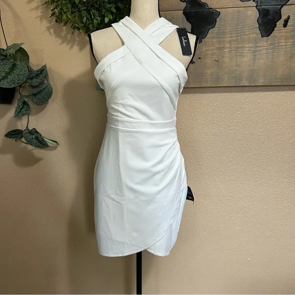 Lulus NWT Headed to Cocktail Hour White Halter Tulip Mini Dress - Image 3
