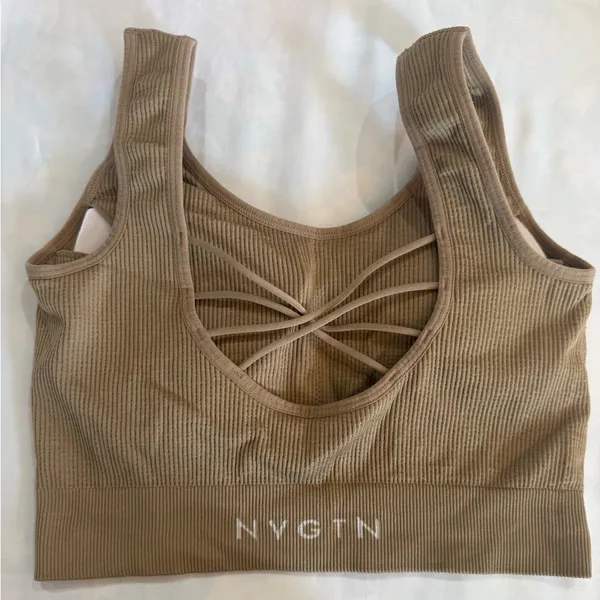 380 NVGTN Ribbed Sports Bra in Brown Beige Small Athleisure - Image 3