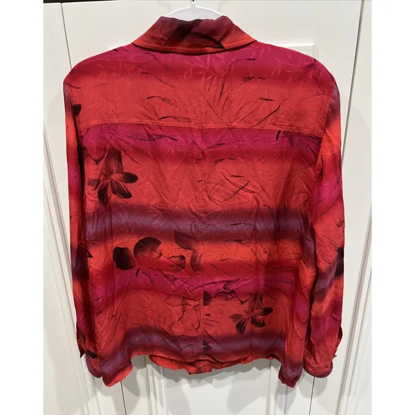 Vtg Chico's Design Silk Button Up Shirt Size Large Red Tropical Floral‎ Blouse - Image 3