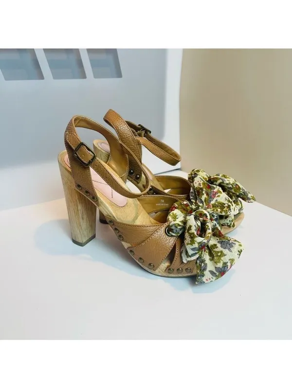 Vintage CROWN women’s wood platform heels "miss america" floral fabric bow Sz 7M - Image 7