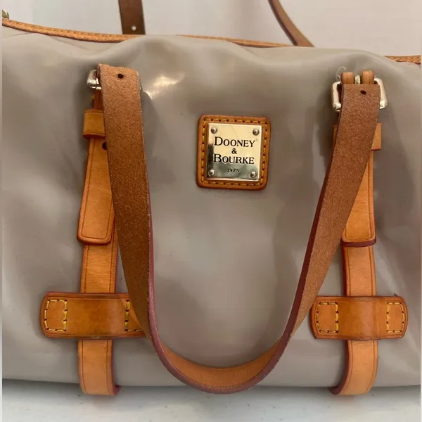Dooney & Bourke Patent Leather Barrel Satchel in Taupe/Putty gray Vachetta Trim - Image 3