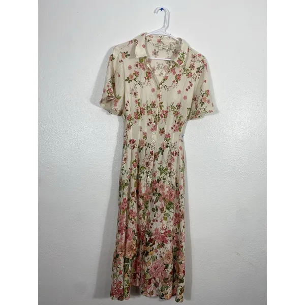 Figueroa & Flower Boho Shirt Dress Medium Beige Floral Cottagecore Retro Prairie - Image 2