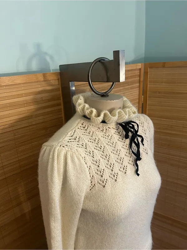 ZARA Ivory Lace Knit Sweater Ruffle Collar Bow Coquette Preppy Academia Small - Image 2