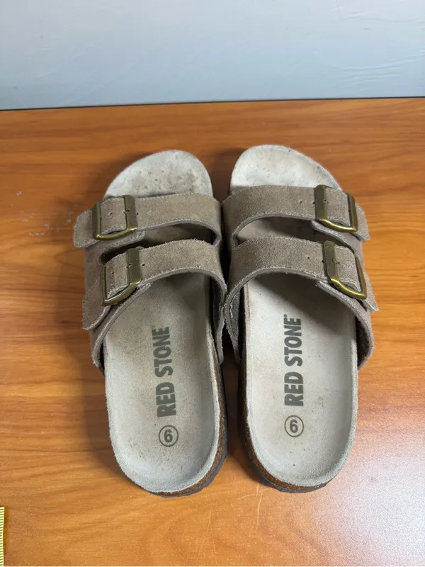Red Stone Double Buckle Strap Slip on Sandal‎ Suede Brown W9 - Image 5