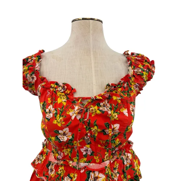 Marissa Webb Amaya Floral Ruffle Peplum Top Puff Sleeve Red Size 6‎ - Image 4
