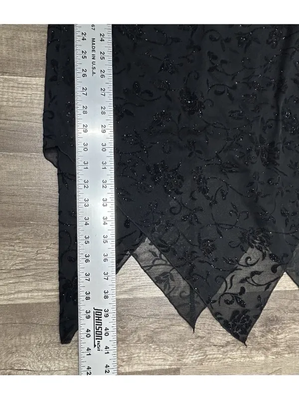 Vtg Black Velvet Burnout Midi Dress Medium Floral handkerchief hem Whimsigoth - Image 10