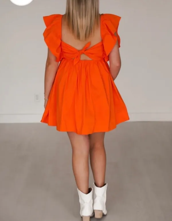 Day + Moon Ruffle Sleeve Tie Back Poplin Mini Dress Orange - Image 4