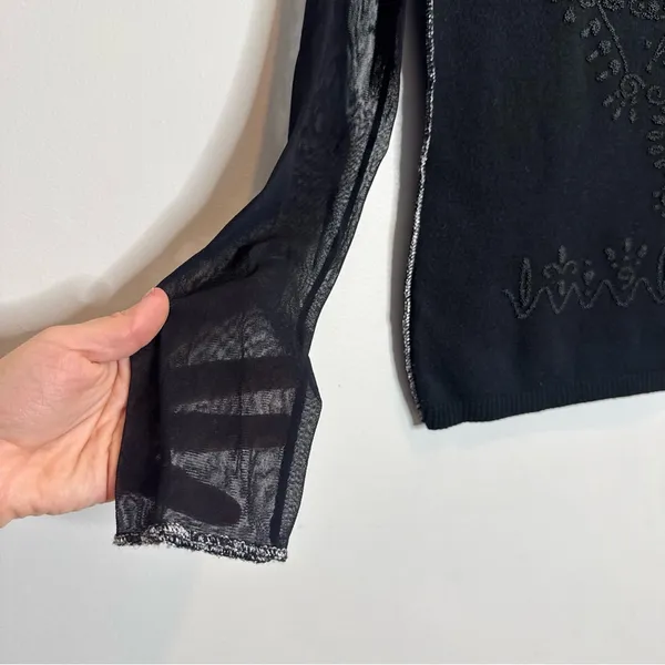 Unique Vintage VTG Ypsilon Donna Black Mesh Sheer Sleeve Top Gothic Ornate Y2K Romantic Goth L - Image 3