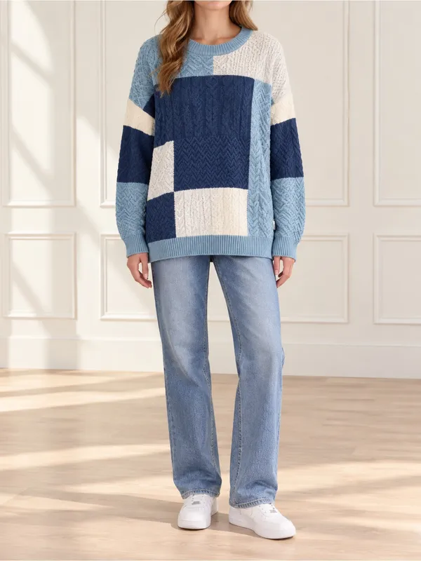 Aelfric Eden Sz XL Patchwork Cable Knit Sweater Blue Cream Colorblock Crewneck - Image 11