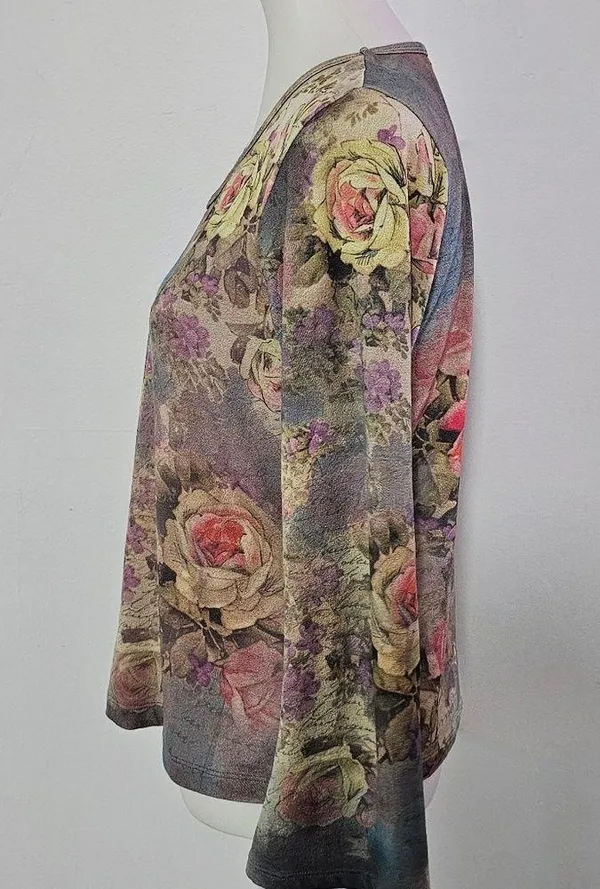 Vintage Xcit USA 90s Blue Mult Floral Mesh Vneck Bell Sleeve Blouse Size Medium - Image 2