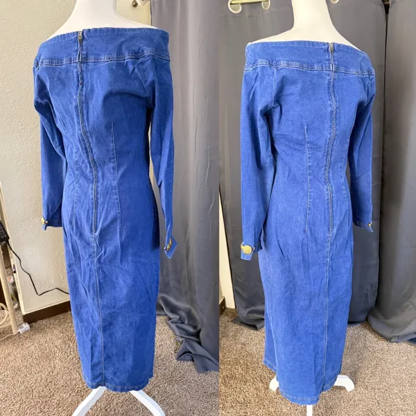 Tower western Denim Midi Dress Womens Medium Off Shoulder Gold Studded vintage - Image 6