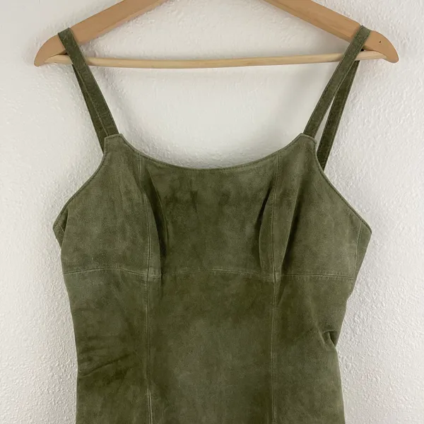 ARTURO Vintage 90s Army Green Suede Leather Grunge Asymmetrical Hem Mini Dress - Image 2