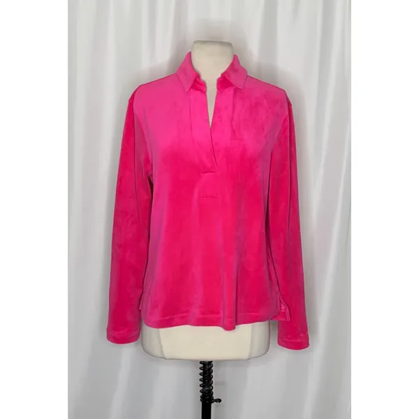 LILLY PULITZER August Velour Pullover Pink Palms Solid Polo Collar Bright Small - Image 2
