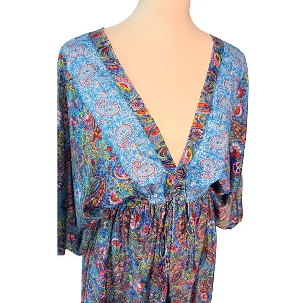 Zury Blue Paisley Silk Blend V-Neck Maxi Dress Ruffle Boho Free Size Kaftan - Image 2