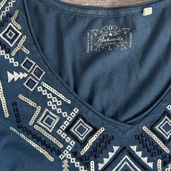 Panhandle Embroidered V Neck Shirt Womens L Cotton 3/4 Sleeve Asymmetrical Hem - Image 6
