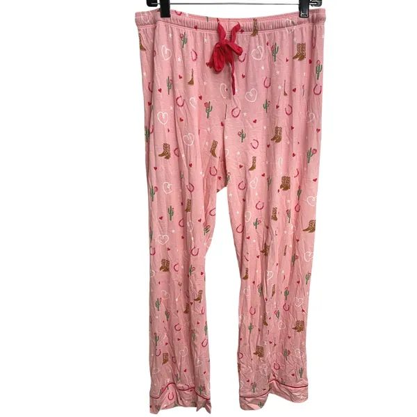 PJ Salvage Long Sleeve Pajama Set M Pink Western Cowboy Horseshoe Cowgirl Cactus - Image 4