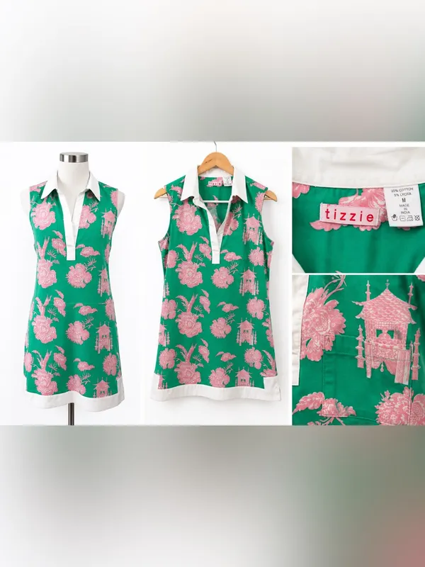 Tizzie Green & Pink Print Sleeveless Tunic Dress Medium - Image 2