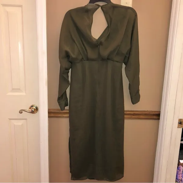 ASOS Design Long Sleeve V‎ Neck Faux Wrap MIDI Dress Olive Green 4 - Image 2