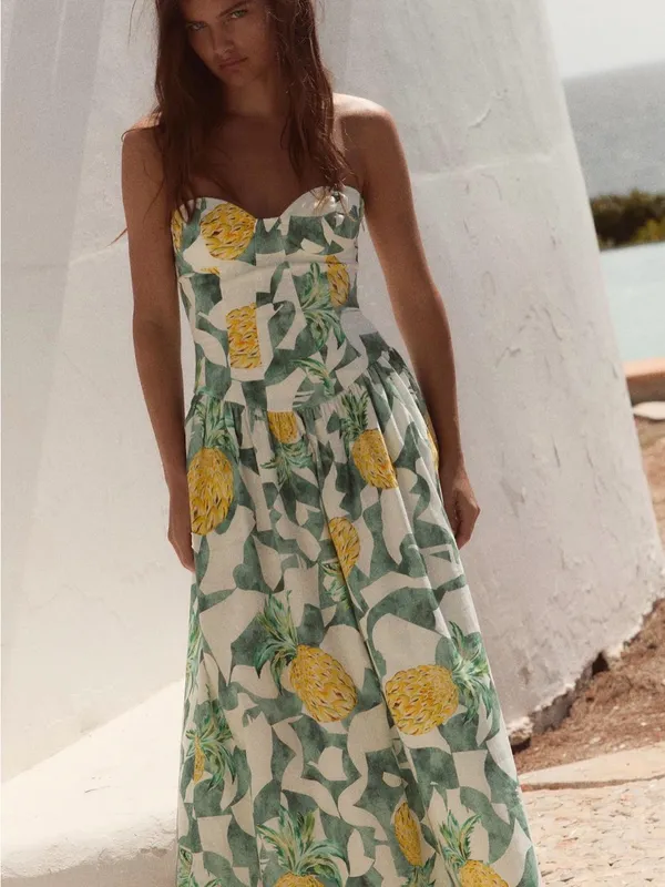 Zara Strapless Fruit Print Maxi Dress - Green & Yellow - Image 3