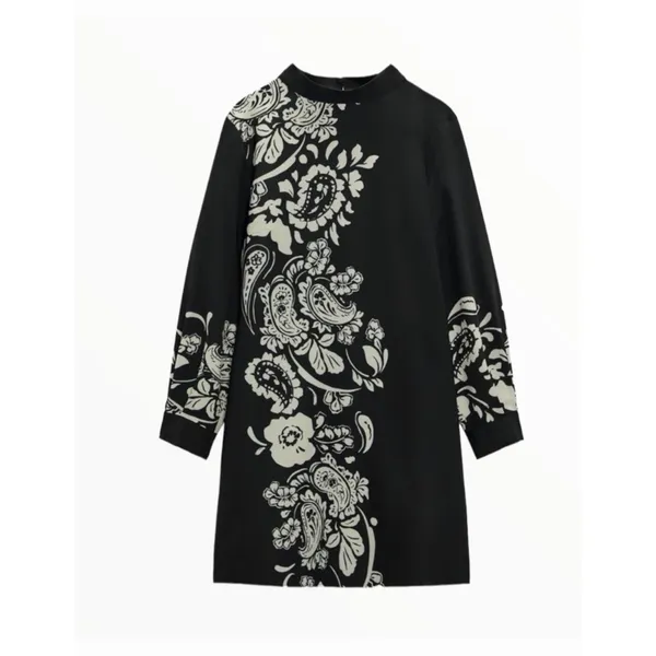 Zara Black Floral Paisley High Neck Minimalist Dress Bohemian Summer Gold Button - Image 8