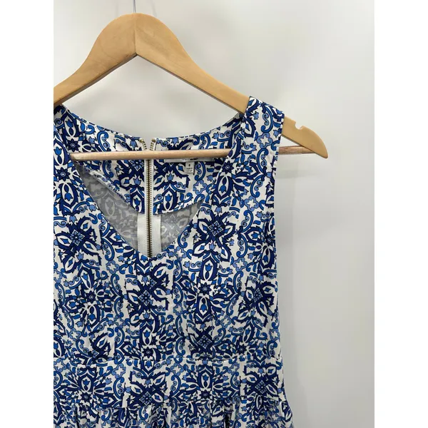 Milly Dress Women 8 Blue White Paisley Print‎ V-Neck Sleeveless Back Zip Mini - Image 4