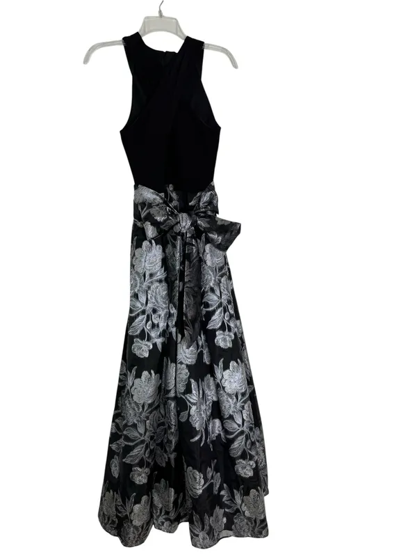 Eliza J Criss Cross Halter Neck Brocade Ling Dress Gown Black Silver Size 4 - Image 4