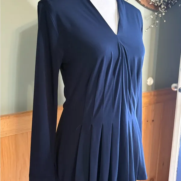 Ann Taylor Mixed Media Pleated Front Dark Blue Top size Medium - Image 2